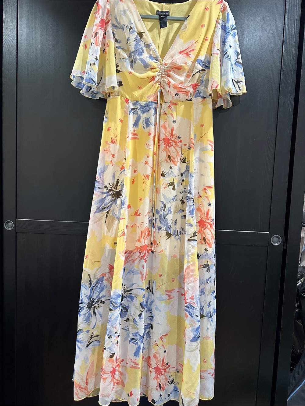 Yellow Floral Maxi Dress with V-Neck and Flutter Sleeves